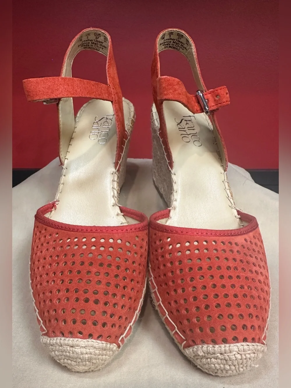 Franco Sarto Merona2 Red LE Espadrilles Suede 3.25” Wedge Sandals Women’s Sz 7M